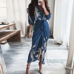 Blue Floral Wrap Midi Dress with Front Tie
